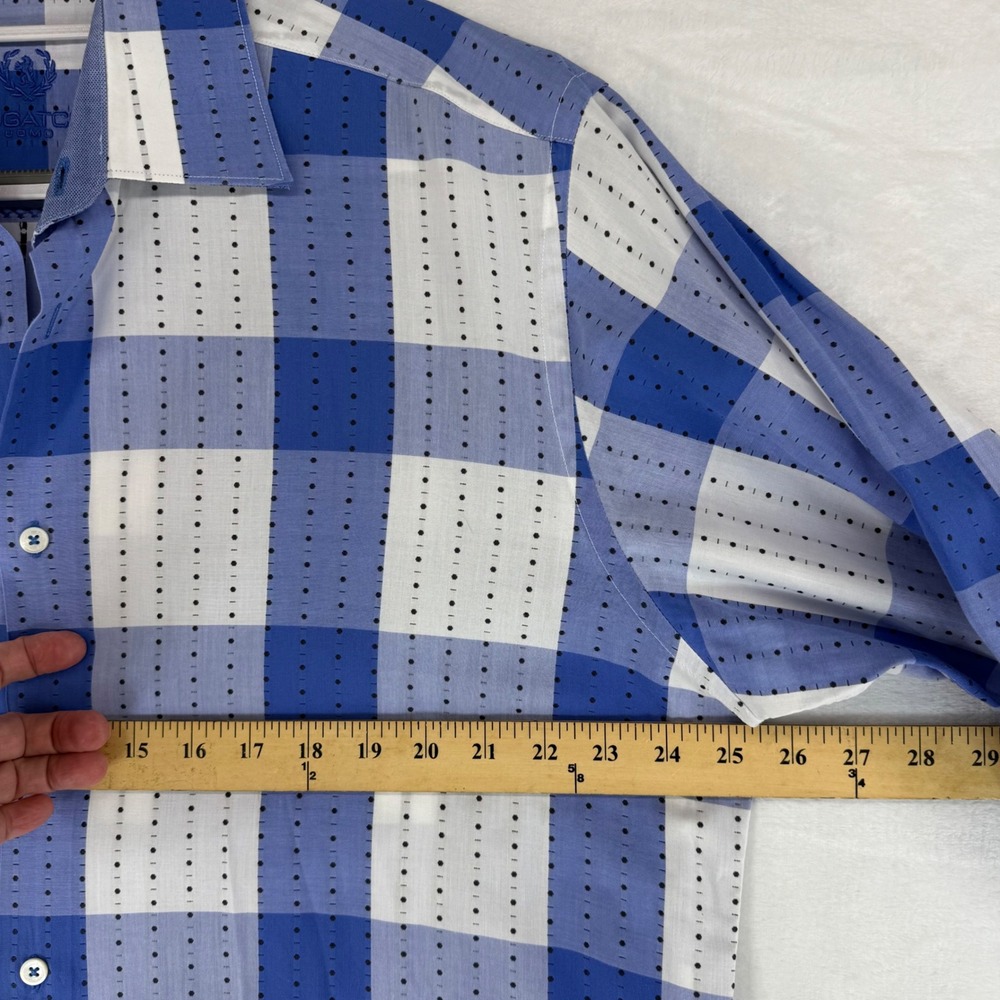 Bugatchi Uomo Mens Blue White Check Dotted Stripe Long Sleeve Button Down Shirt - Picture 7 of 12